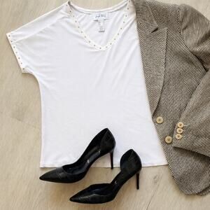 Joseph Ribkoff White Studded V-Neck Top Gold Trim Size 8